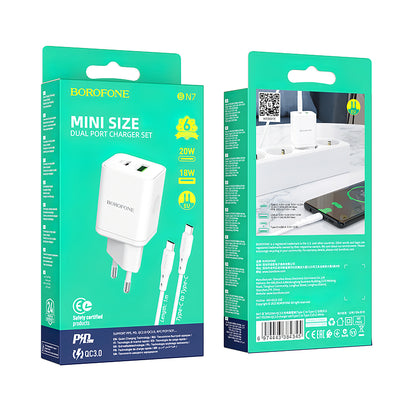 Network Charger with USB-C Cable Borofone BN7, 20W, 3A, 1 x USB-A - 1 x USB-C, White 